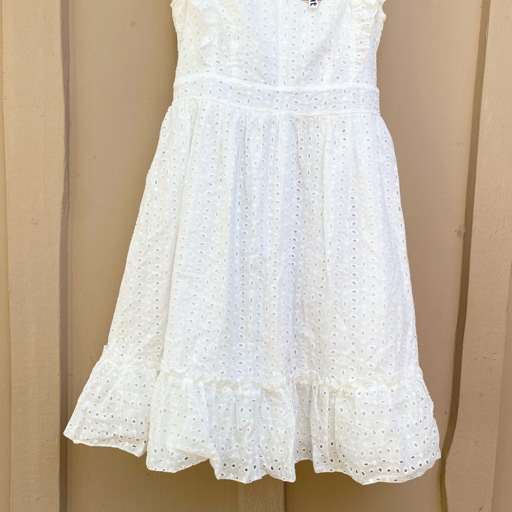 A-Line White Flutter Short Sleeve Eyelet Lace Embroidery Cotton Midi Dress - Picture 3 of 15
